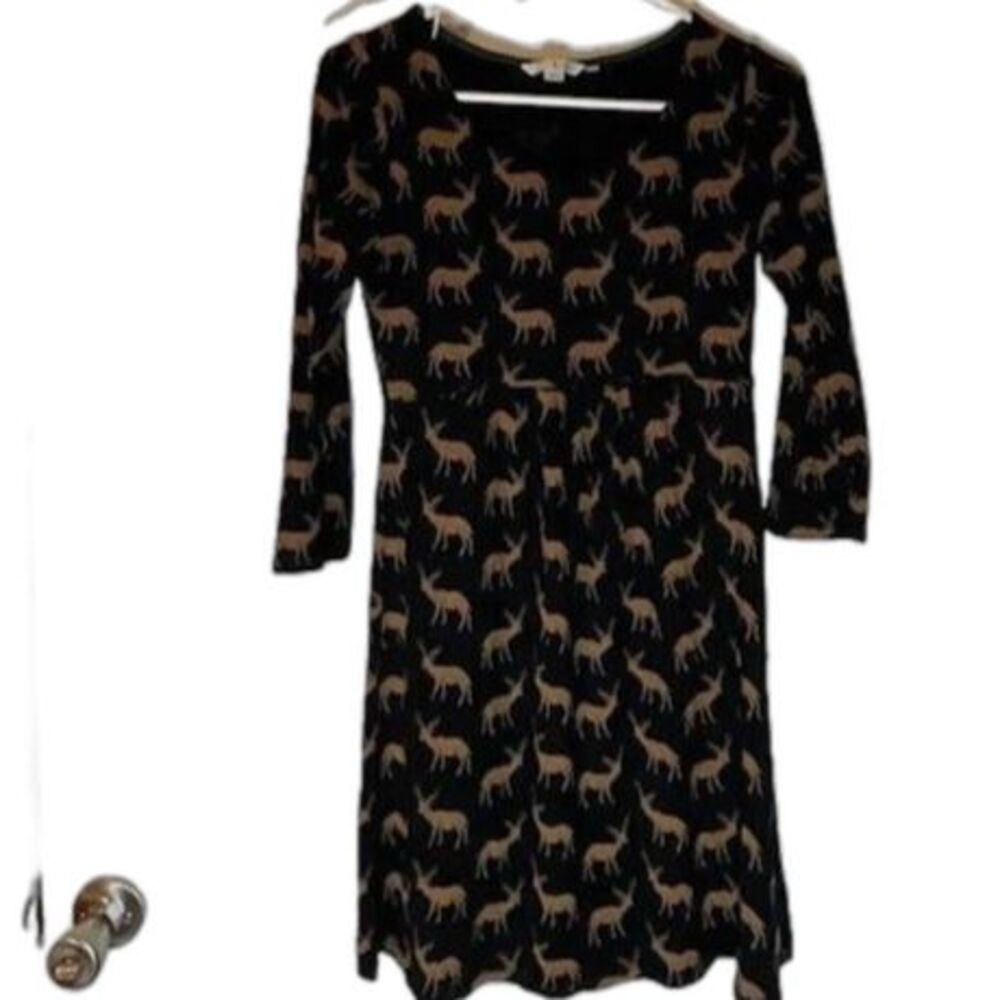 Boden 4R Tunic Dress Black Deer Print 3/4 Sleeve Cabincore Woodland Cottagecore